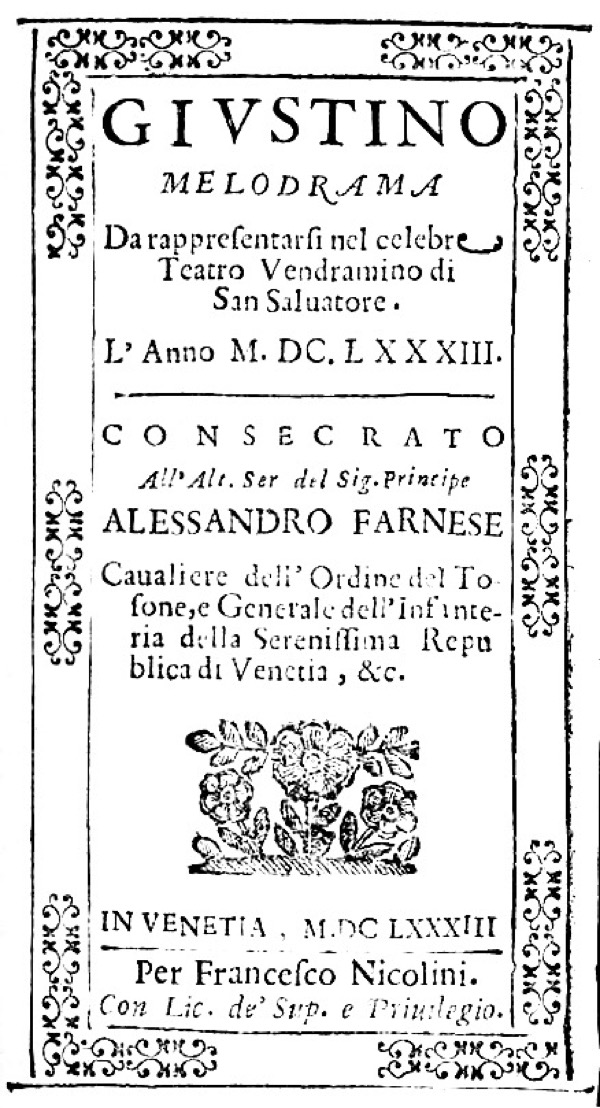 Giovanni Legrenzi: Giustino, title page of the libretto, Venice 1683