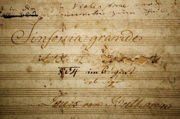 Beethoven: Symphony No. 3 title page, with the dedicatee's name (Napoleon Bonaparte) forcibly removed.