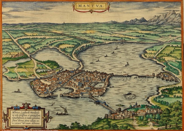 Bird's-eye view of Mantua, from Civitates Orbis Terrarum, vol. II, 50, published 1575, edited by Georg Braun and engraved by Franz Hogenberg.