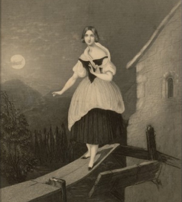 1831 illustration of Jenny Lind sleepwalking in the title role.