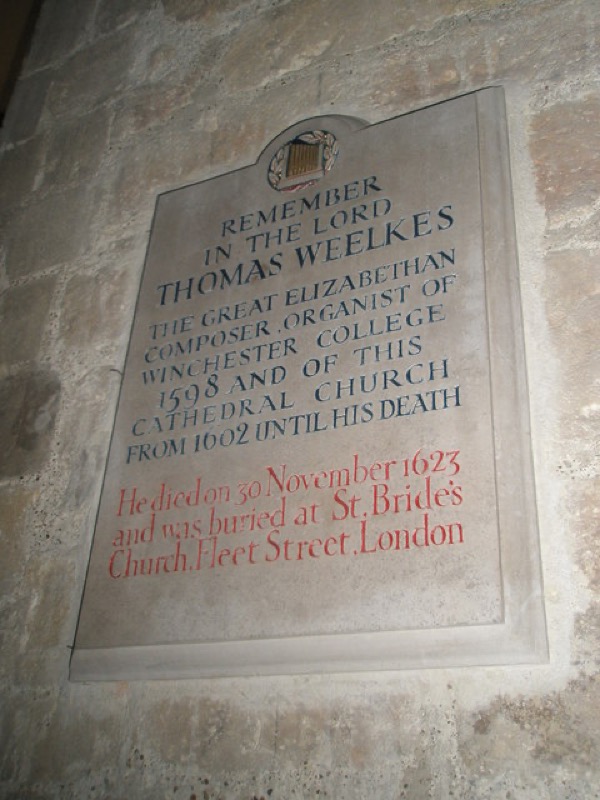 Memorial to Thomas Weelkes within the North Transept at Chichester Cathedral