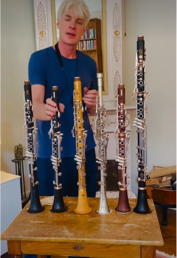 Martin Fröst and his clarinets with the Basset clarinet on the far right