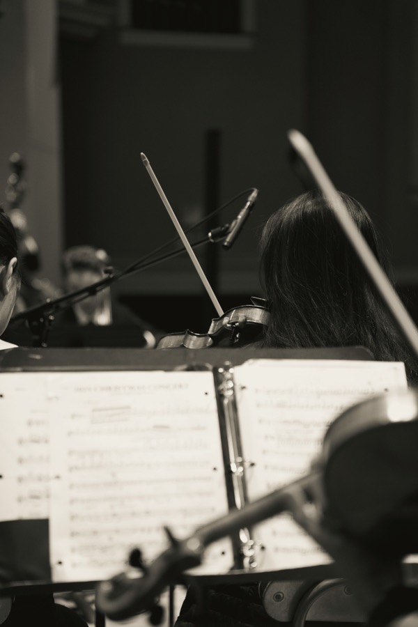 Photo of the music score in front of an orchestral musician by Annie V on Unsplash